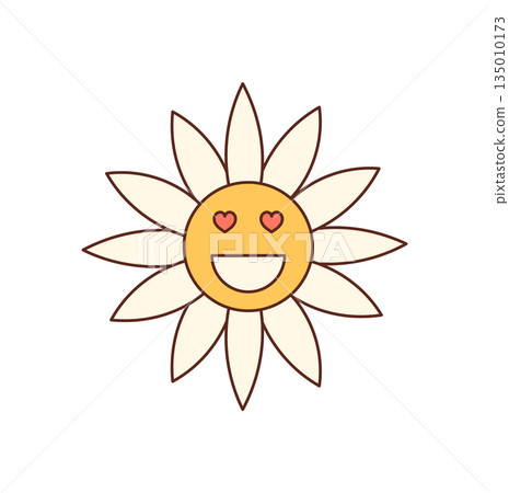 Groovy flower with happy face and heart eyes in retro cartoon graphic style. Yellow sunshine and smile add y2k charm as a cheerful icon. Positive groovy element cute symbol for playful visual 135010173