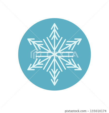 Blue snowflake outline sticker ornament with icy element and chill circle shape. Winter holiday decoration on a cool blue background, xmas package seal in cold season style. 135010174