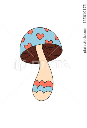 Groovy retro mushroom sticker with colorful heart details in a cartoon graphic style. 70s and psychedelic mood, y2k pop trend. Illustration uses groovy element for vibrant, playful sticker 135010175