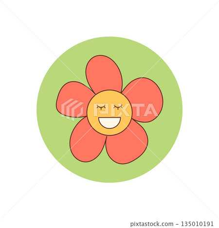 Groovy retro happy flower sticker label in a cute flat circle with a big smile and sunshine expression. Fun y2k seal, perfect as lid or package accent for modern summer design. Groovy retro happy flower sticker label in a cute flat circle with a big smile and sunshine expression. Fun y2k seal, perfect as lid or package accent for modern summer design. 135010191