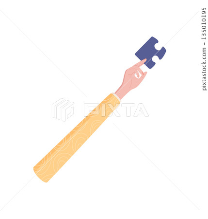 Flat colorful hand holding a puzzle piece. Raised human gesture illustrated with an abstract shape and creative symbol. Conceptual metaphor for contribution and unity presented on a clean background. 135010195