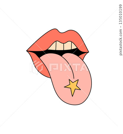 Groovy retro lips and mouth cartoon with playful tongue and bold yellow star create a unique sticker in pop style. Vibrant face as a y2k groovy element, ideal for trendy patch or funky badge Groovy retro lips and mouth cartoon with playful tongue and bold yellow star create a unique sticker in pop style. Vibrant face as a y2k groovy element, ideal for trendy patch or funky badge 135010199