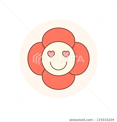 Retro groovy flower face in cartoon graphic style with heart smile and circle lid sticker. Cute and happy sticker, y2k love accent, playful emblem with soft pink cream color for packaging or label. 135010204