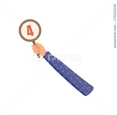 Flat hand holding circular feedback icon with number four. Represents customer opinion, satisfaction, and rate. Highlights vote, review, and circle elements. Isolated clean design for survey, Flat hand holding circular feedback icon with number four. Represents customer opinion, satisfaction, and rate. Highlights vote, review, and circle elements. Isolated clean design for survey, 135010205