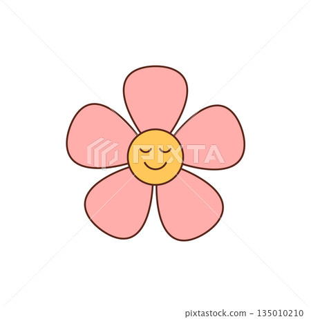 Groovy retro flower sticker with a happy smile, cartoon flat pink and yellow style. Playful y2k icon as a groovy element. Bright and cute symbol for positive, modern trendy badge concepts. Groovy retro flower sticker with a happy smile, cartoon flat pink and yellow style. Playful y2k icon as a groovy element. Bright and cute symbol for positive, modern trendy badge concepts. 135010210
