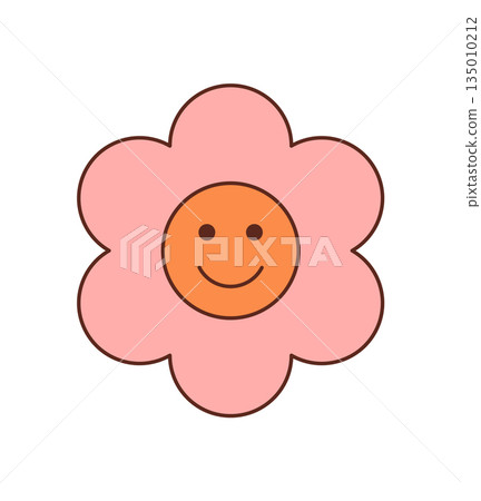 Groovy retro flower smile sticker in cute cartoon graphic style with pop and funky y2k look. Happy pink and orange colors add to the cheerful vibe as a groovy element for creative sticker art. 135010212