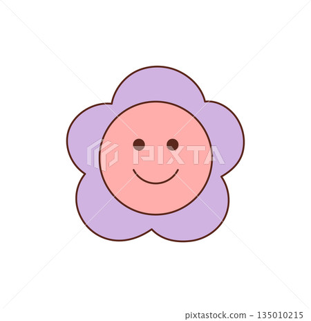 Groovy retro flower smiley sticker cartoon in pink and cute, happy style. Fun y2k groovy element creates playful mood, with cheerful color and pop look perfect for trendy, upbeat label or badge. Groovy retro flower smiley sticker cartoon in pink and cute, happy style. Fun y2k groovy element creates playful mood, with cheerful color and pop look perfect for trendy, upbeat label or badge. 135010215