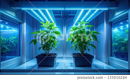 A vibrant green indoor plant in a blue ceramic pot sits on a window sill, bringing a touch of nature and spring decoration to the home interior A vibrant green indoor plant in a blue ceramic pot sits on a window sill, bringing a touch of nature and spring decoration to the home interior 135010284