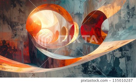 An abstract colorful fire background features a glowing orange fractal pattern with flowing energy waves and futuristic flame design lines in a vibrant artistic backdrop 135010287