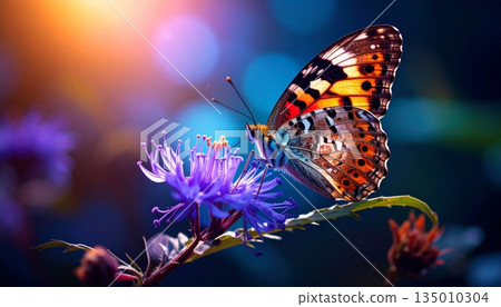 A beautiful orange butterfly rests on a colorful summer flower in a sunny garden, showcasing the vibrant wings and delicate nature of tropical wildlife in a macro spring scene A beautiful orange butterfly rests on a colorful summer flower in a sunny garden, showcasing the vibrant wings and delicate nature of tropical wildlife in a macro spring scene 135010304