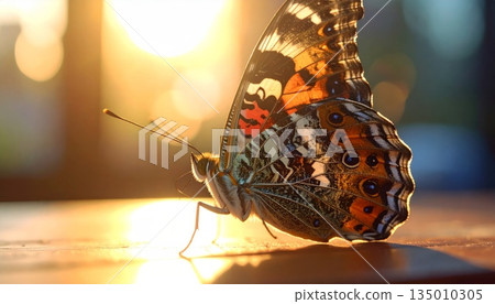A beautiful orange butterfly rests on a colorful summer flower in a sunny garden, showcasing the vibrant wings and delicate nature of tropical wildlife in a macro spring scene A beautiful orange butterfly rests on a colorful summer flower in a sunny garden, showcasing the vibrant wings and delicate nature of tropical wildlife in a macro spring scene 135010305