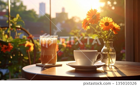Easter still life with chocolate eggs and flowers on a breakfast table featuring a tea cup and sweet cake dessert 135010326