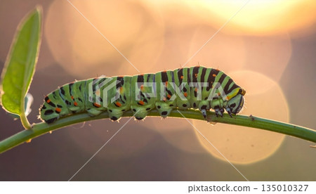Macro close-up of a hairy yellow and black cinnabar moth larva eating a green leaf in summer wildlife nature Macro close-up of a hairy yellow and black cinnabar moth larva eating a green leaf in summer wildlife nature 135010327