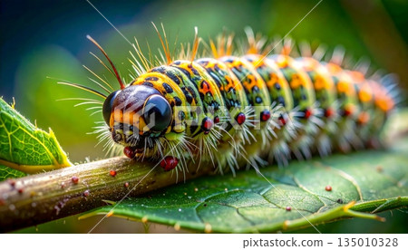 Macro close-up of a hairy yellow and black cinnabar moth larva eating a green leaf in summer wildlife nature 135010328