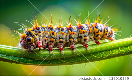 Macro close-up of a hairy yellow and black cinnabar moth larva eating a green leaf in summer wildlife nature 135010329