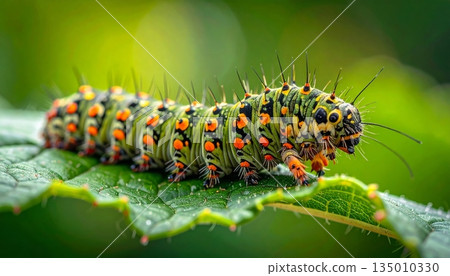 Macro close-up of a hairy yellow and black cinnabar moth larva eating a green leaf in summer wildlife nature Macro close-up of a hairy yellow and black cinnabar moth larva eating a green leaf in summer wildlife nature 135010330