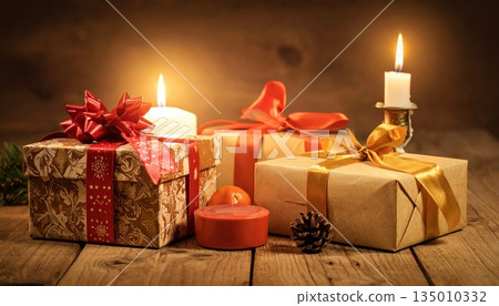 A red Christmas gift box with a silk ribbon bow sits beside burning wax candles to create a warm holiday candlelight celebration during the December season A red Christmas gift box with a silk ribbon bow sits beside burning wax candles to create a warm holiday candlelight celebration during the December season 135010332