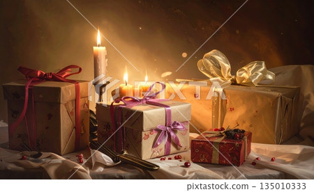 A red Christmas gift box with a silk ribbon bow sits beside burning wax candles to create a warm holiday candlelight celebration during the December season 135010333