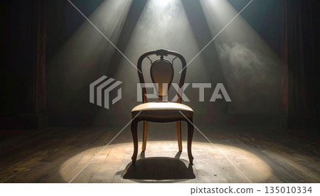 An empty vintage wooden armchair sits alone on the dark floor of an old house interior with light from a window hitting the antique furniture design in a quiet living room An empty vintage wooden armchair sits alone on the dark floor of an old house interior with light from a window hitting the antique furniture design in a quiet living room 135010334