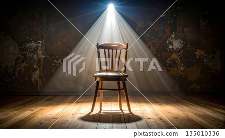 An empty vintage wooden armchair sits alone on the dark floor of an old house interior with light from a window hitting the antique furniture design in a quiet living room An empty vintage wooden armchair sits alone on the dark floor of an old house interior with light from a window hitting the antique furniture design in a quiet living room 135010336