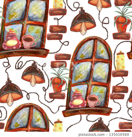 Electric bulbs, window bricks, cup sugar jar. Oil pastel drawn seamless pattern For interior designs, retro vintage settings, restaurant cafe menu stickers, greeting cards and banners clip arts. 135010569