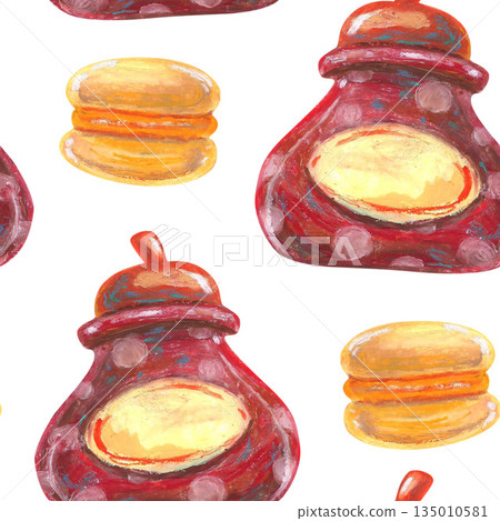 Lemon French macaroon, sugar bowl with polka dots Oil pastel drawn seamless pattern. For interior designs, retro vintage settings, restaurant cafe menu stickers, greeting cards and banners clip arts. 135010581