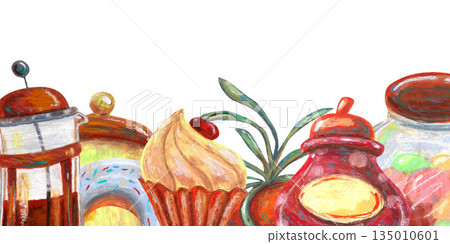 Blue donut, cupcake cream, French press, jar of candies, retro bulb, interior plants. Oil pastel drawn template. For interior designs, retro vintage settings, restaurant cafe menu, banners clip arts. 135010601