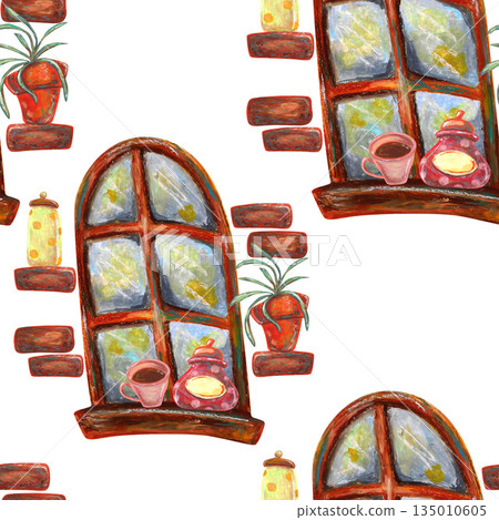 French window bricks, cup and sugar jar. Oil pastel drawn seamless pattern For interior designs, retro vintage settings, restaurant cafe menu decorated, stickers, greeting cards and banners clip arts. French window bricks, cup and sugar jar. Oil pastel drawn seamless pattern For interior designs, retro vintage settings, restaurant cafe menu decorated, stickers, greeting cards and banners clip arts. 135010605