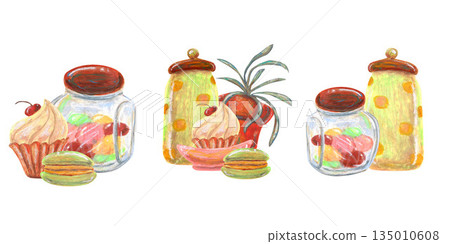Jar candies, French macaroons, cupcake plant in pot. Oil pastel drawn set. For interior designs, retro vintage settings, restaurant cafe menu decorated, stickers, greeting cards and banners clip arts. 135010608