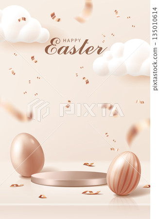 Red gold color tag, white cloud, colorful round shape product display stand, Easter festival direct sea report wide announcement message material sheet 135010614