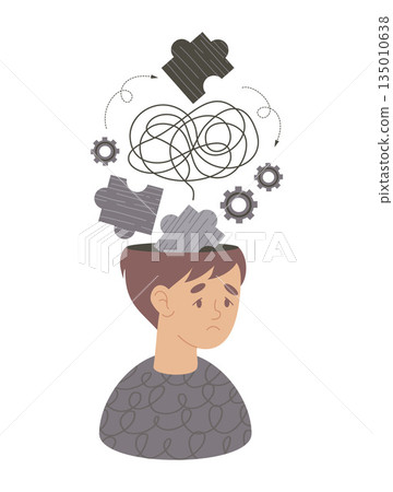 Mental Health. Sad Boy with Confused Thoughts, Puzzle Pieces and Gears. Vector Flat Illustration. Stress, confusion, anxiety and psychological challenges. Not AI Mental Health. Sad Boy with Confused Thoughts, Puzzle Pieces and Gears. Vector Flat Illustration. Stress, confusion, anxiety and psychological challenges. Not AI 135010638