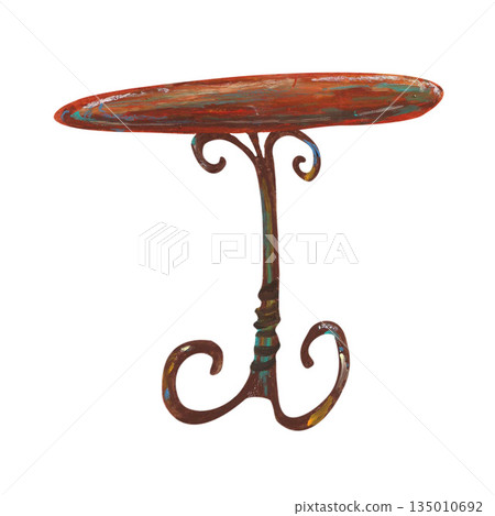 Oval wooden classical table. Oil pastel drawn illustration isolated. For interior designs, retro vintage settings, restaurant cafe menu decorated, stickers, greeting cards and banners clip arts. 135010692