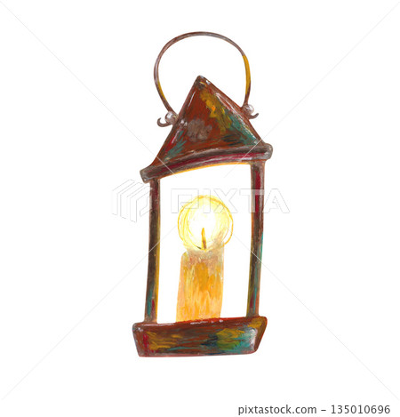 Old metal rustic candlestick lamp Oil pastel drawn illustration isolated. For interior designs, retro vintage settings, restaurant cafe menu decorated, stickers, greeting cards and banners clip arts. 135010696