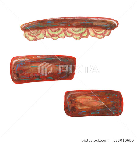 Wooden shelf and two clay bricks. Oil pastel drawn illustration set. For interior designs, retro vintage settings, restaurant cafe menu decorated, stickers, greeting cards and banners clip arts. Wooden shelf and two clay bricks. Oil pastel drawn illustration set. For interior designs, retro vintage settings, restaurant cafe menu decorated, stickers, greeting cards and banners clip arts. 135010699