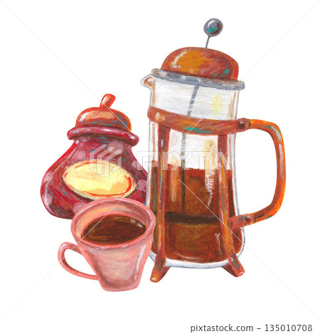 French press, pink cup and red sugar bowl. Oil pastel drawn illustration. For interior designs, retro vintage settings, restaurant cafe menu decorated, stickers, greeting cards and banners clip arts. French press, pink cup and red sugar bowl. Oil pastel drawn illustration. For interior designs, retro vintage settings, restaurant cafe menu decorated, stickers, greeting cards and banners clip arts. 135010708
