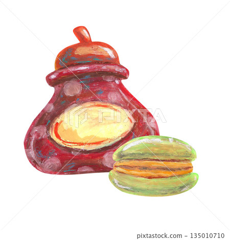 Sugar bowl with polka dots, French macaroon. Oil pastel drawn illustration For interior designs, retro vintage settings, restaurant cafe menu decorated, stickers, greeting cards and banners clip arts. 135010710