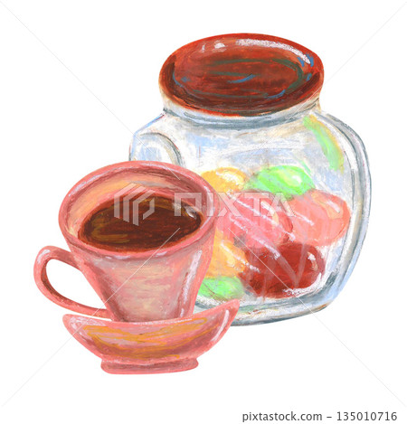 Cup with tea or coffee, jar with candies. Oil pastel drawn illustration. For interior designs, retro vintage settings, restaurant cafe menu decorated, stickers, greeting cards and banners clip arts. 135010716