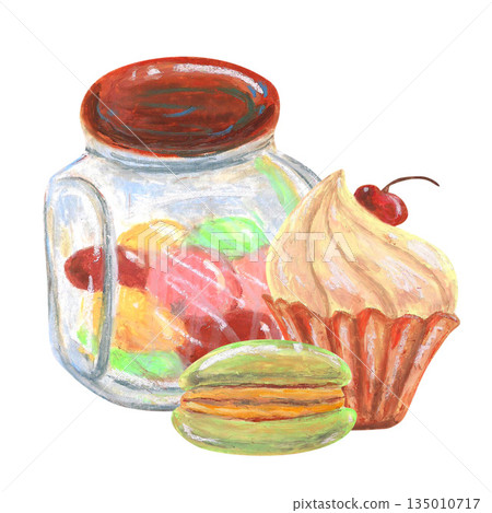 French Macaroon cupcake with cherry, jar of candies. Oil pastel drawn illustration. For interior designs, retro vintage settings, restaurant cafe menu decorated, stickers, cards and banners clip arts. 135010717