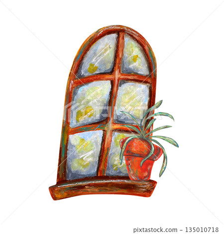 French window, plant in clay pot. Oil pastel drawn illustration isolated. For interior designs, retro vintage settings, restaurant cafe menu decorated, stickers, greeting cards and banners clip arts. 135010718