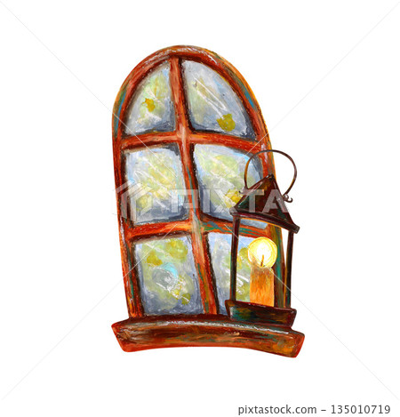 French window, old candlestick lamp. Oil pastel drawn illustration. For interior designs, retro vintage settings, restaurant cafe menu decorated, stickers, greeting cards and banners clip arts. French window, old candlestick lamp. Oil pastel drawn illustration. For interior designs, retro vintage settings, restaurant cafe menu decorated, stickers, greeting cards and banners clip arts. 135010719
