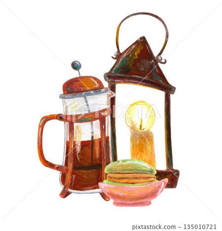 Macaroon candlestick lantern, French press. Oil pastel drawn illustration. For interior designs, retro vintage settings, restaurant cafe menu decorated, stickers, greeting cards and banners clip arts. 135010721