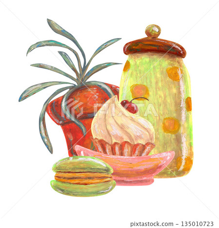 Macaroons and cupcake, plant in pot, jar. Oil pastel drawn illustration. For interior designs, retro vintage settings, restaurant cafe menu decorated, stickers, greeting cards and banners clip arts. 135010723