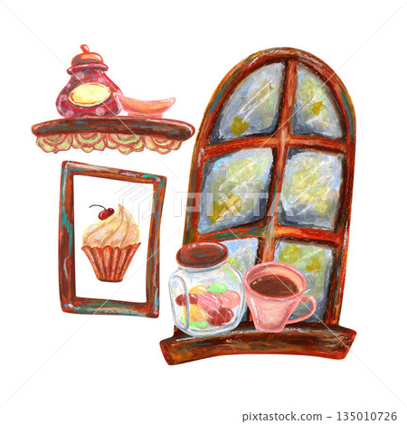 Wooden shelf frame window, cup glass jar. Oil pastel drawn illustration. For interior designs, retro vintage settings, restaurant cafe menu decorated, stickers, greeting cards and banners clip arts. 135010726
