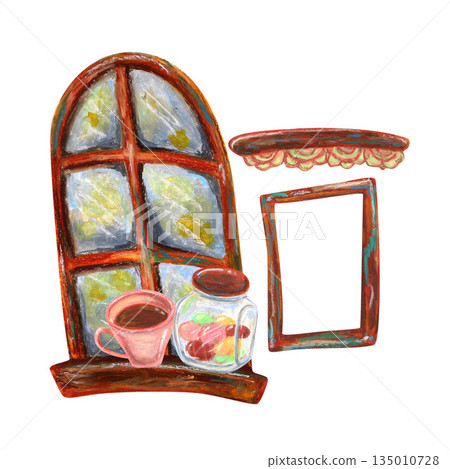Shelf frame, French window, cup glass jar. Oil pastel drawn illustration. For interior designs, retro vintage settings, restaurant cafe menu decorated, stickers, greeting cards and banners clip arts. 135010728