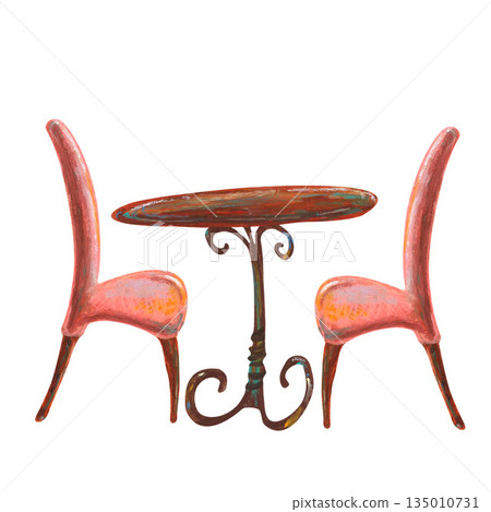 Oval wooden table, two chairs. Oil pastel drawn illustration set. For interior designs, retro vintage settings, restaurant cafe menu decorated, stickers, greeting cards and banners clip arts. Oval wooden table, two chairs. Oil pastel drawn illustration set. For interior designs, retro vintage settings, restaurant cafe menu decorated, stickers, greeting cards and banners clip arts. 135010731