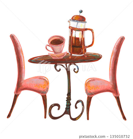 Wooden table chairs, French press cup. Oil pastel drawn illustration. For interior designs, retro vintage settings, restaurant cafe menu decorated, stickers, greeting cards and banners clip arts. Wooden table chairs, French press cup. Oil pastel drawn illustration. For interior designs, retro vintage settings, restaurant cafe menu decorated, stickers, greeting cards and banners clip arts. 135010732
