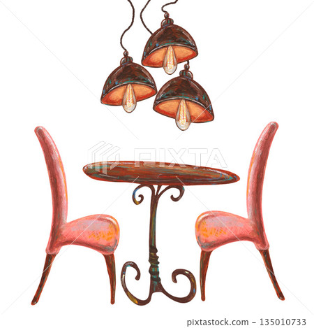 Electric old bulbs, oval table chairs. Oil pastel drawn illustration set. For interior designs, retro vintage settings, restaurant cafe menu decorated, stickers, greeting cards and banners clip arts. Electric old bulbs, oval table chairs. Oil pastel drawn illustration set. For interior designs, retro vintage settings, restaurant cafe menu decorated, stickers, greeting cards and banners clip arts. 135010733