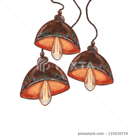 Three old metal rustic bulb lamps. Oil pastel drawn illustration isolated. For interior designs, retro vintage settings, restaurant cafe menu decorated, stickers, greeting cards and banners clip arts. Three old metal rustic bulb lamps. Oil pastel drawn illustration isolated. For interior designs, retro vintage settings, restaurant cafe menu decorated, stickers, greeting cards and banners clip arts. 135010734