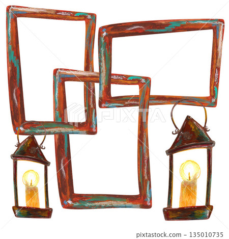 Wooden frames and candlesticks. Oil pastel drawn illustration. For interior designs, retro vintage settings, restaurant cafe menu decorated, stickers, greeting cards and banners clip arts. Wooden frames and candlesticks. Oil pastel drawn illustration. For interior designs, retro vintage settings, restaurant cafe menu decorated, stickers, greeting cards and banners clip arts. 135010735