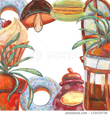 Macaroon and glazed donut, electric bulb, French press cupcake. Oil pastel drawn template. For interior designs, retro vintage settings, restaurant cafe menu stickers, cards and banners clip arts. Macaroon and glazed donut, electric bulb, French press cupcake. Oil pastel drawn template. For interior designs, retro vintage settings, restaurant cafe menu stickers, cards and banners clip arts. 135010736